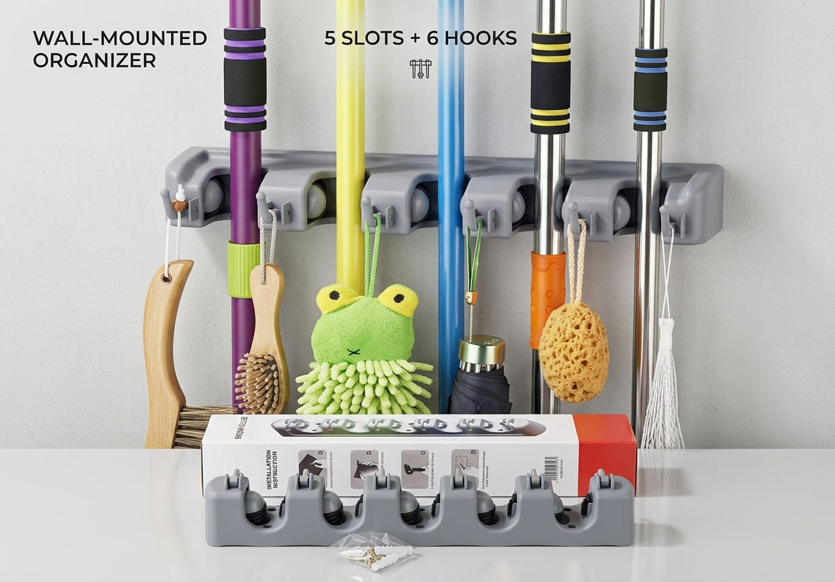 Broom and Mop Holder Organizer – Wall-Mounted Cleaning Tools & Toiletries Storage Rack